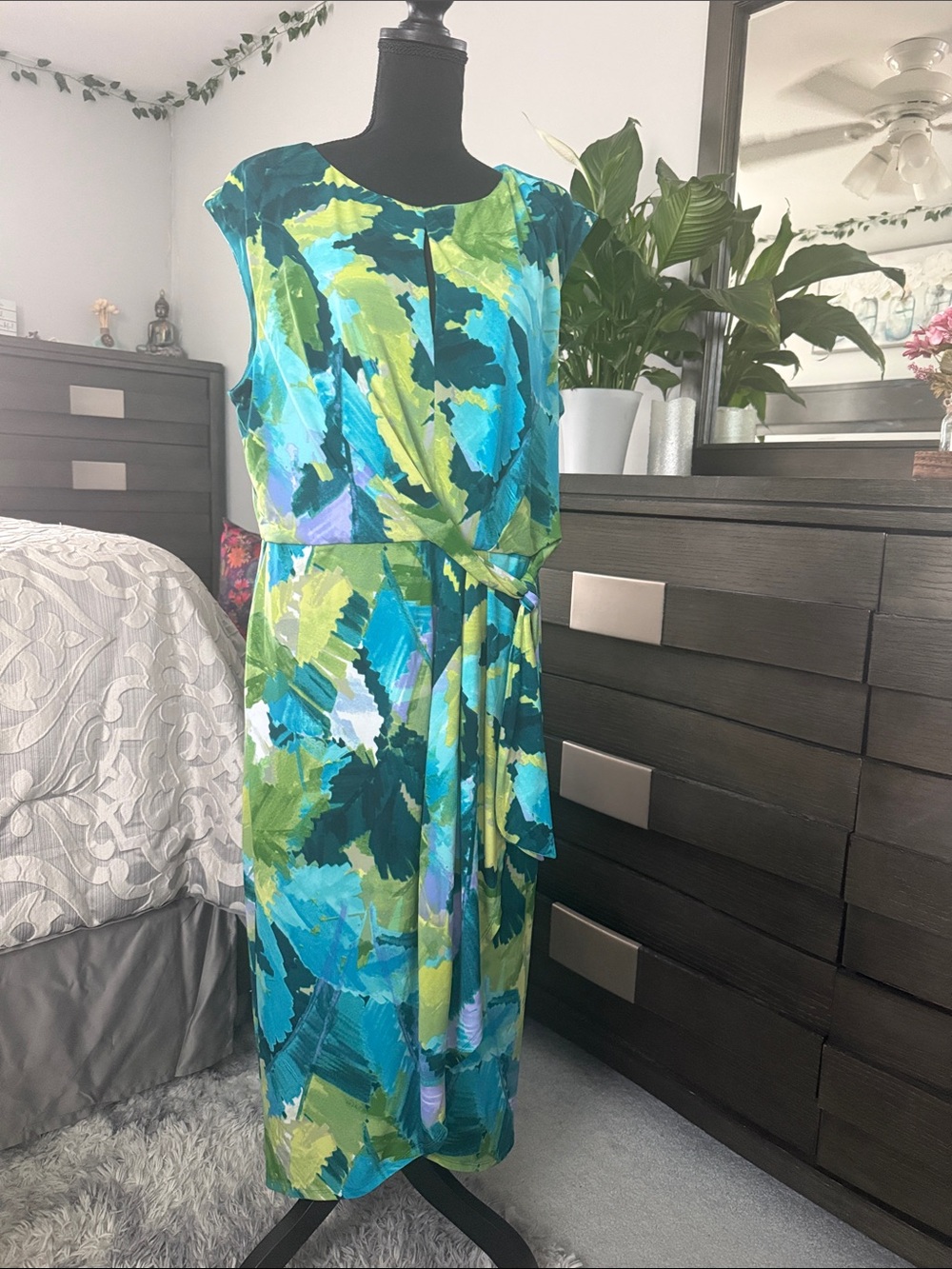 London Times Multicolor Teal & Green Abstract Tie-Waist Midi Dress
